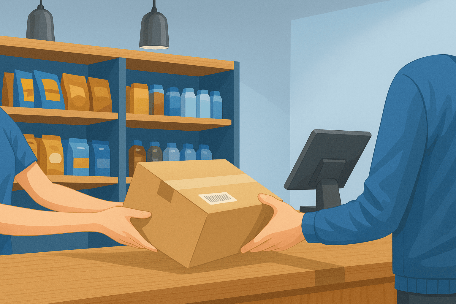 Illustration einer Paketübergabe an einer Ladentheke